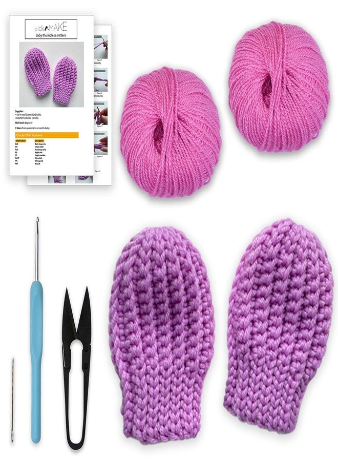 picknMAKE DIY Crochet Set of Baby Thumbless Mittens Kit for Beginners Adult- Includes Purple Pink Wool, 3mm Crochet Hook, Needles, Cutter & Step-by-Step Instructions - Image 1